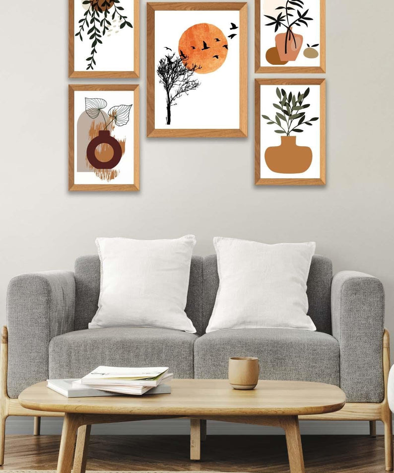 5 Parça Dal Ve Bohem Temalı Ahşap Çerçeve Görünümlü Tablo Seti