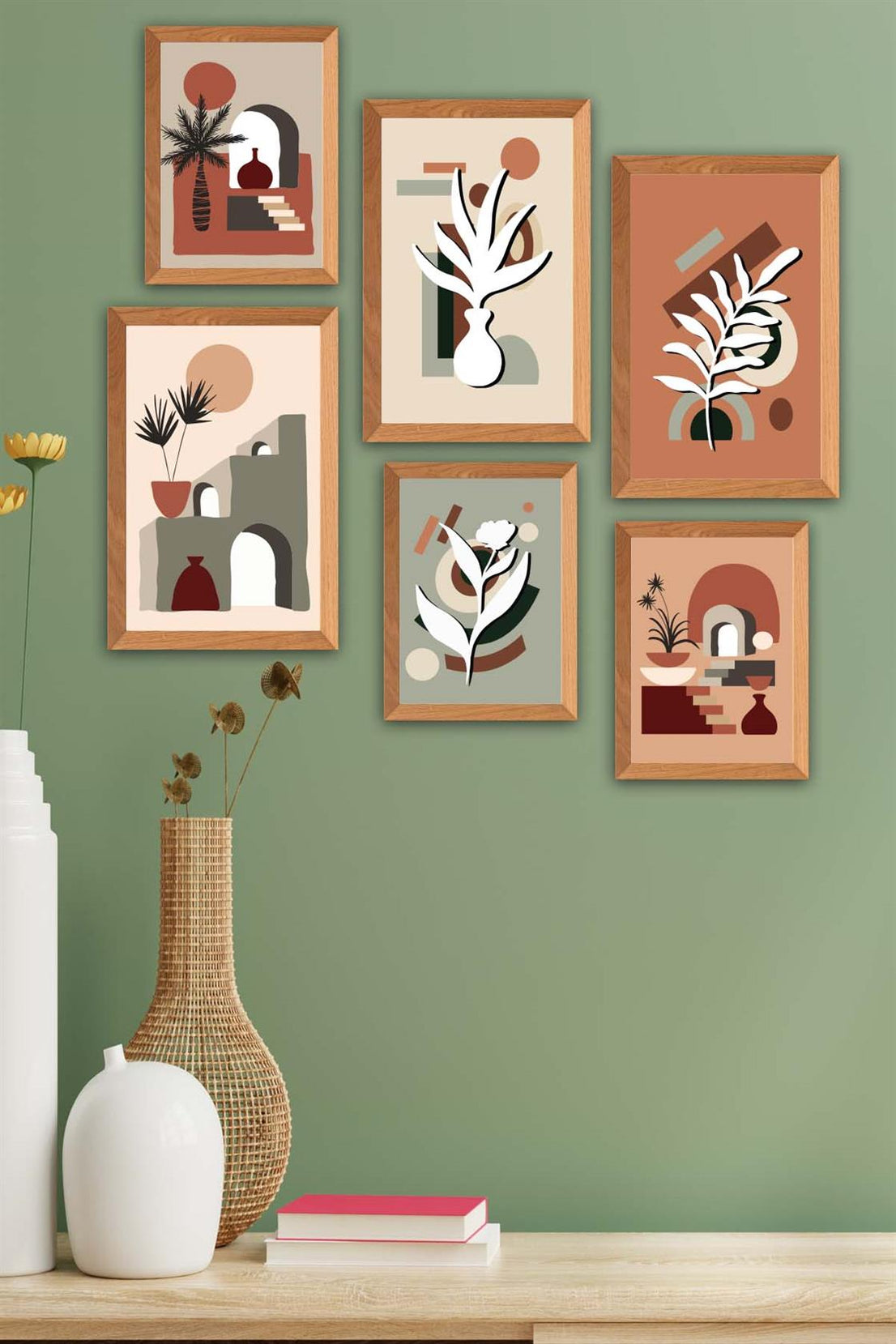 6 Parça Bohem Tarzda (Ahşap Çerçeve Görünümlü) Uv Baskı Tablo Seti