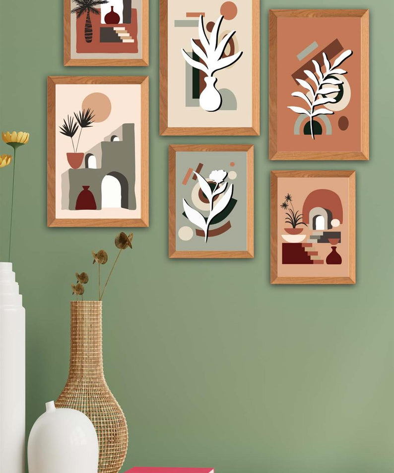 6 Parça Bohem Tarzda (Ahşap Çerçeve Görünümlü) Uv Baskı Tablo Seti