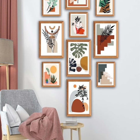 10 Parça Bohem Tarzında Ahşap Çerçeve Görünümlü Uv Baskı Mdf Tablo Seti