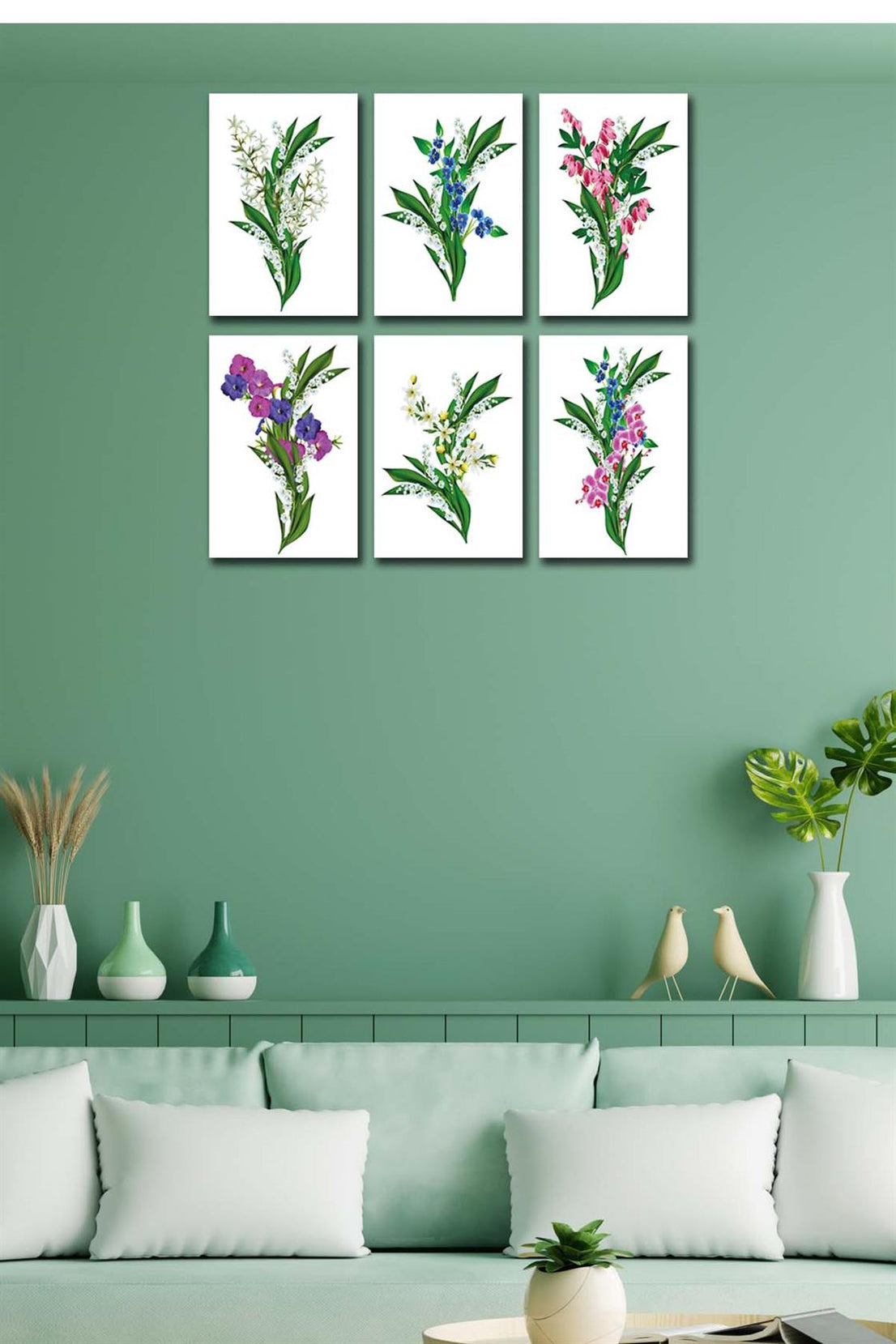 6 Parça Yeşil Çiçekler tablo seti