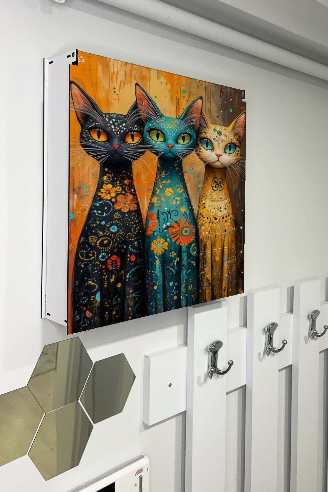 Kedi Ailesi Sanatsal Temalı Ahşap Sigorta Saklama Kutusu