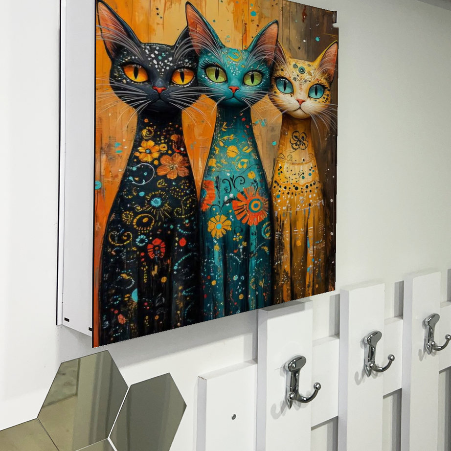 Kedi Ailesi Sanatsal Temalı Ahşap Sigorta Saklama Kutusu
