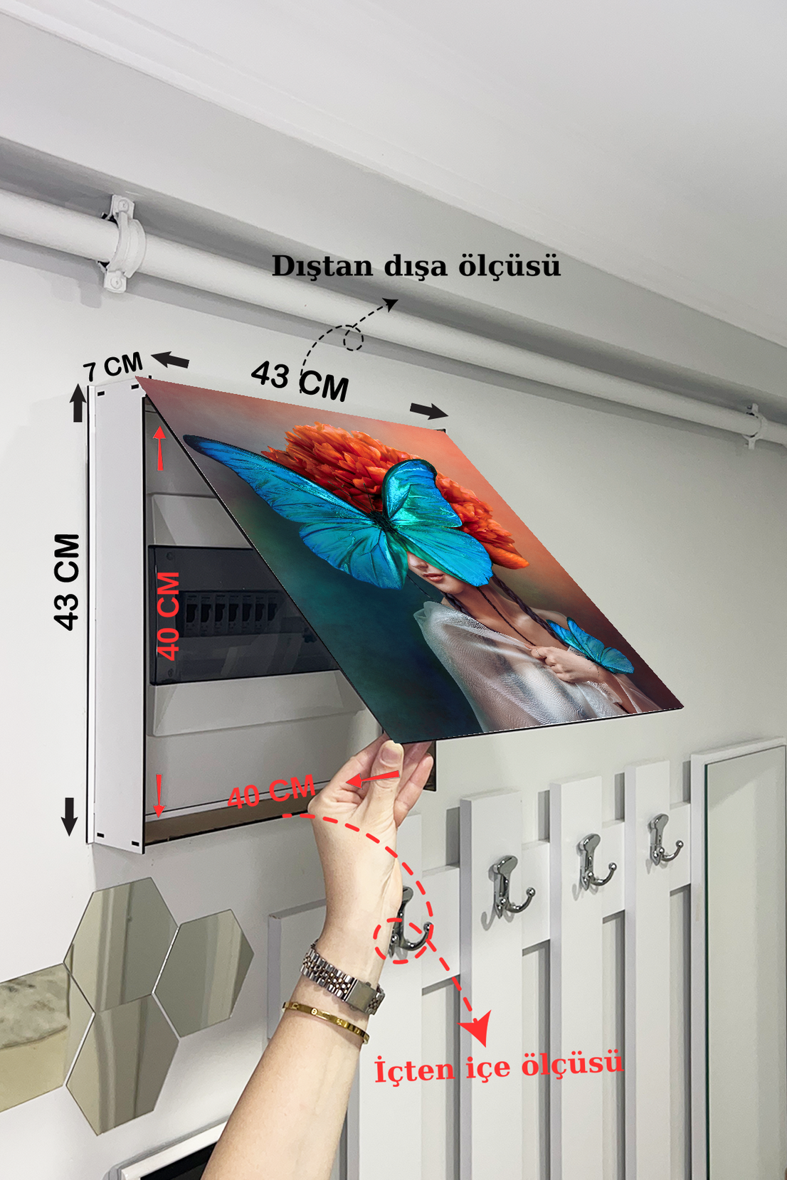 Mavi Kelebekli Sanatsal Kadın Temalı Ahşap Sigorta Saklama Kutusu