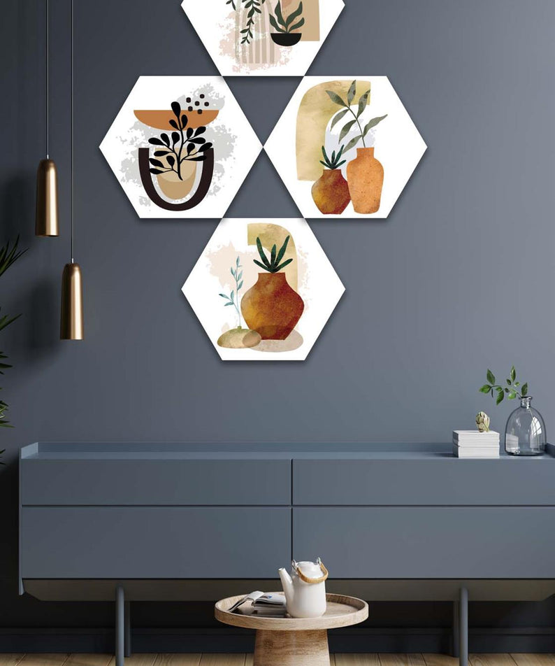 4 Parça Petek Suluboya Modern Tarzda Tasarım Uv Baskı Mdf Tablo Seti