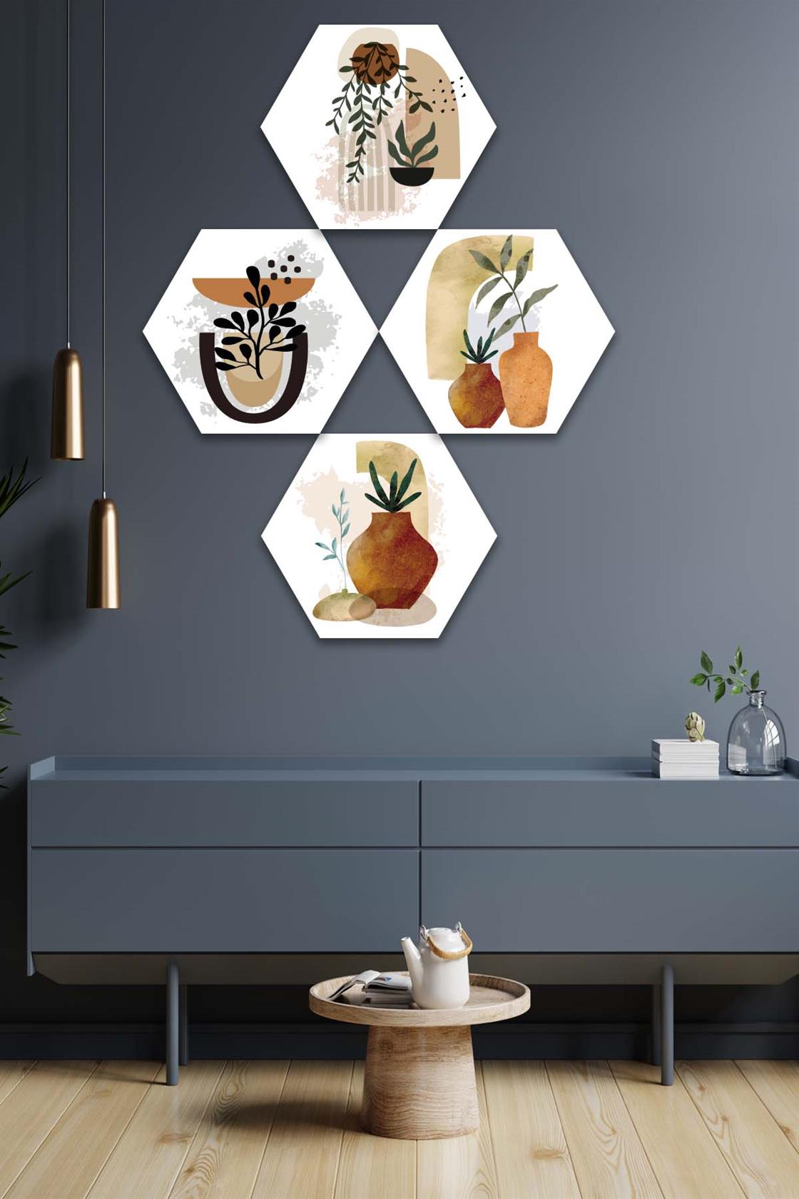 4 Parça Petek Suluboya Modern Tarzda Tasarım Uv Baskı Mdf Tablo Seti