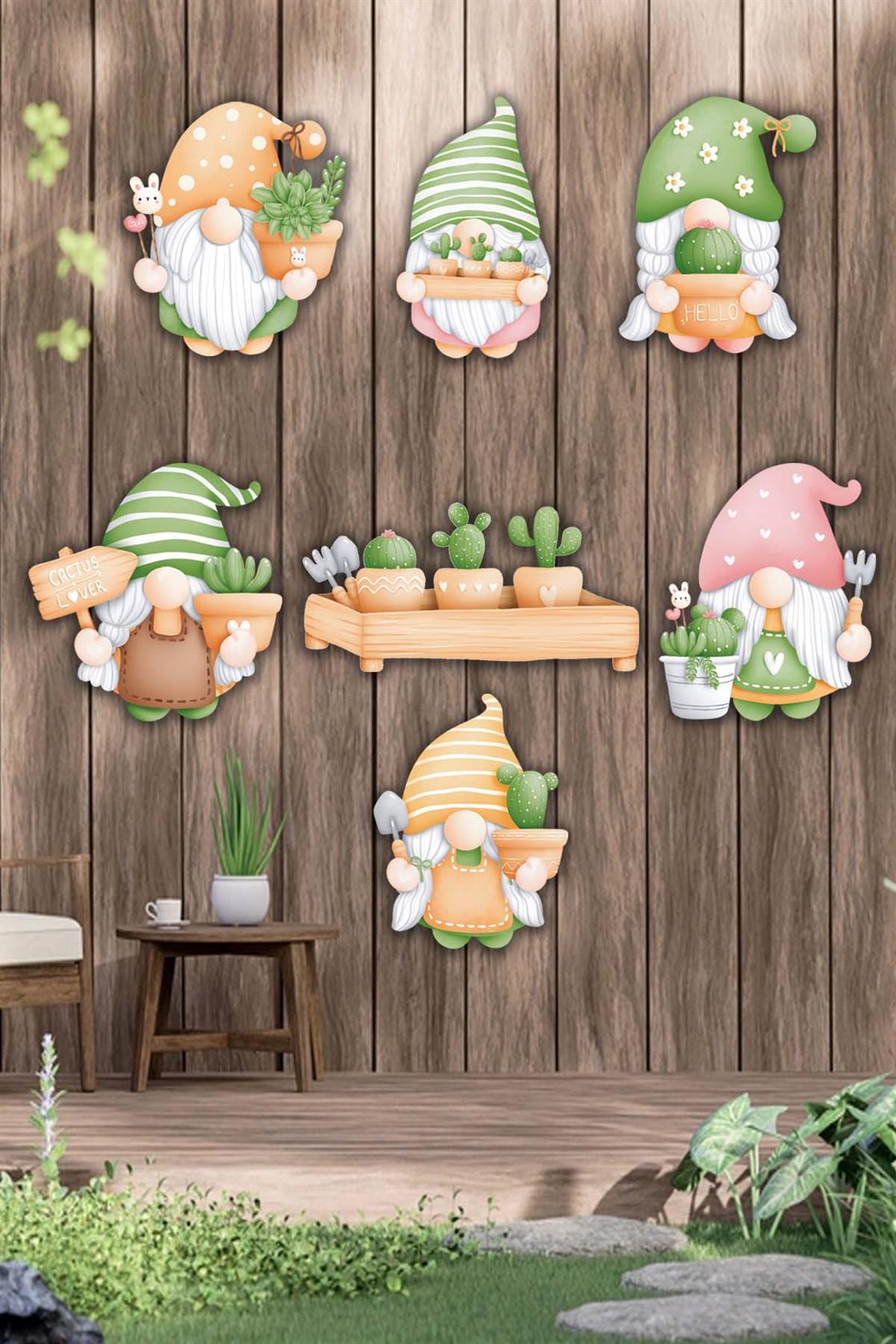 7 Parça Cüce Kaktüs Ahşap Mdf Lazer Kesim Uv Baskı Seti