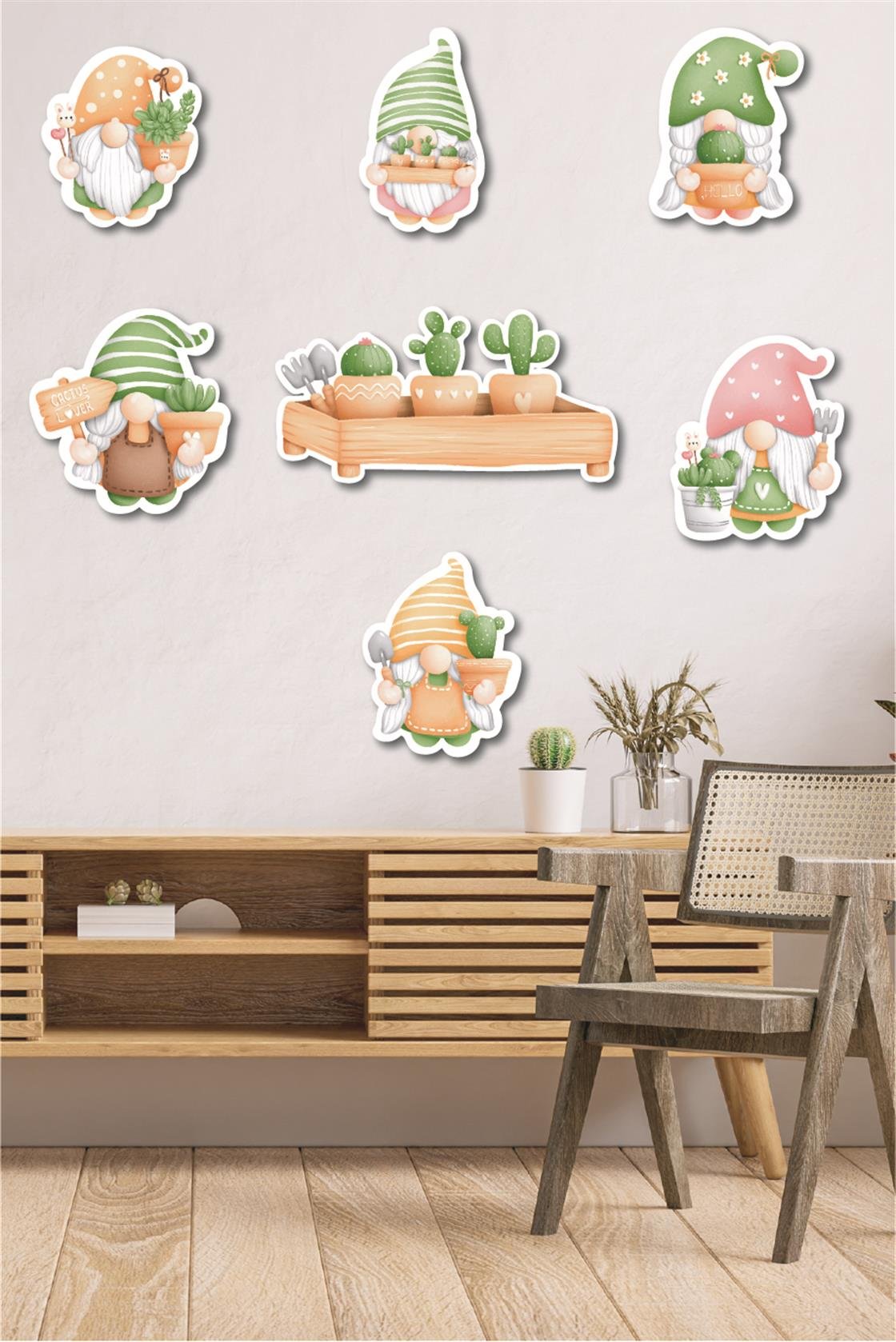 7 Parça Cüce Kaktüs Ahşap Mdf Lazer Kesim Uv Baskı Seti