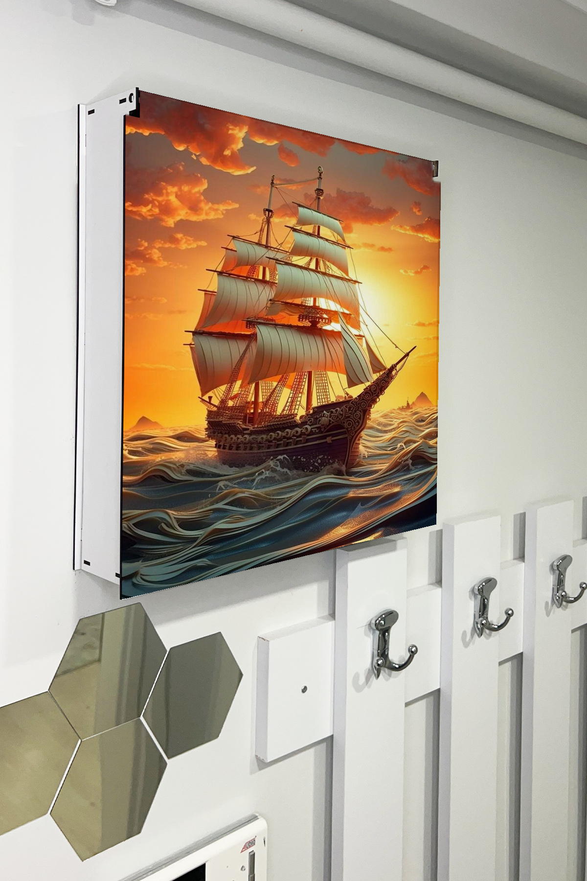 Gün Batımı Ve Yelkenli Gemi Temalı Ahşap Sigorta Saklama Kutusu