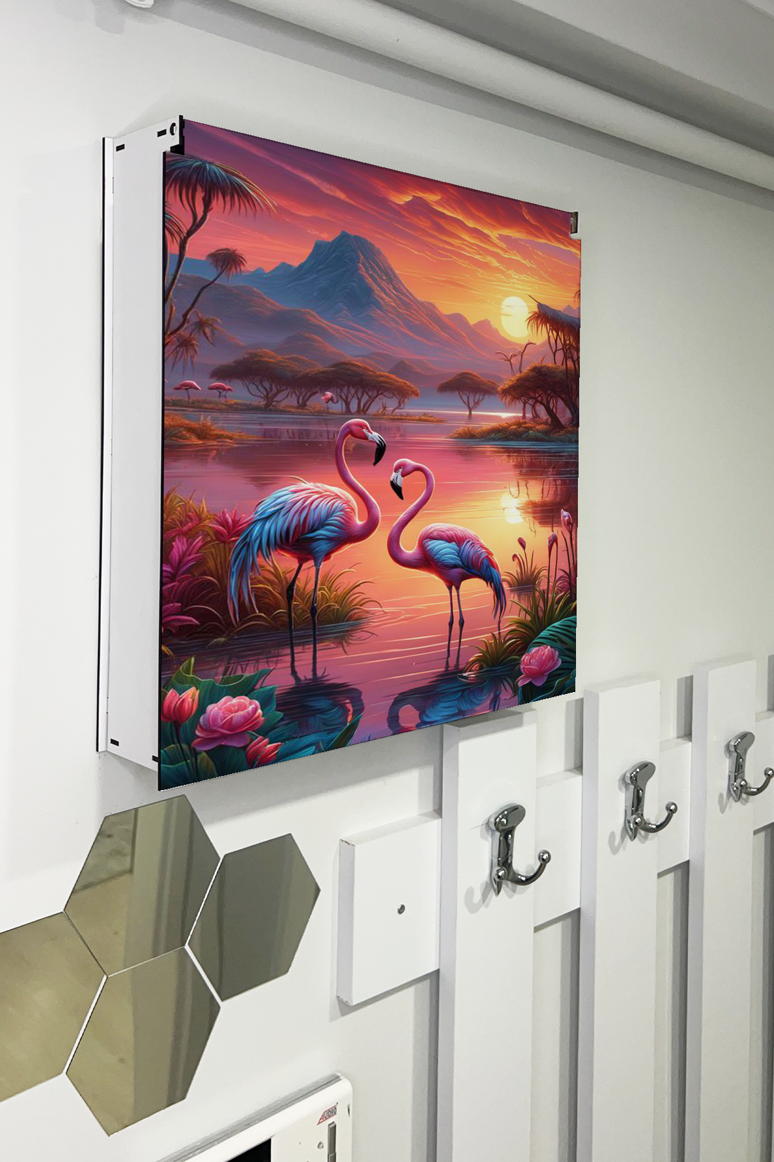 Flamingo Ve Gün Batımı Temalı Ahşap Sigorta Saklama Kutusu
