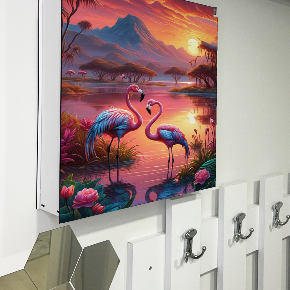 Flamingo Ve Gün Batımı Temalı Ahşap Sigorta Saklama Kutusu