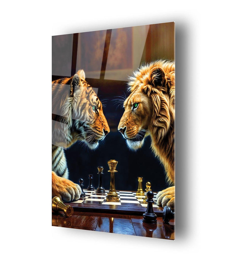 Aslan Ve Kaplan Karşılıklı Satranç Oynuyor Cam Tablo