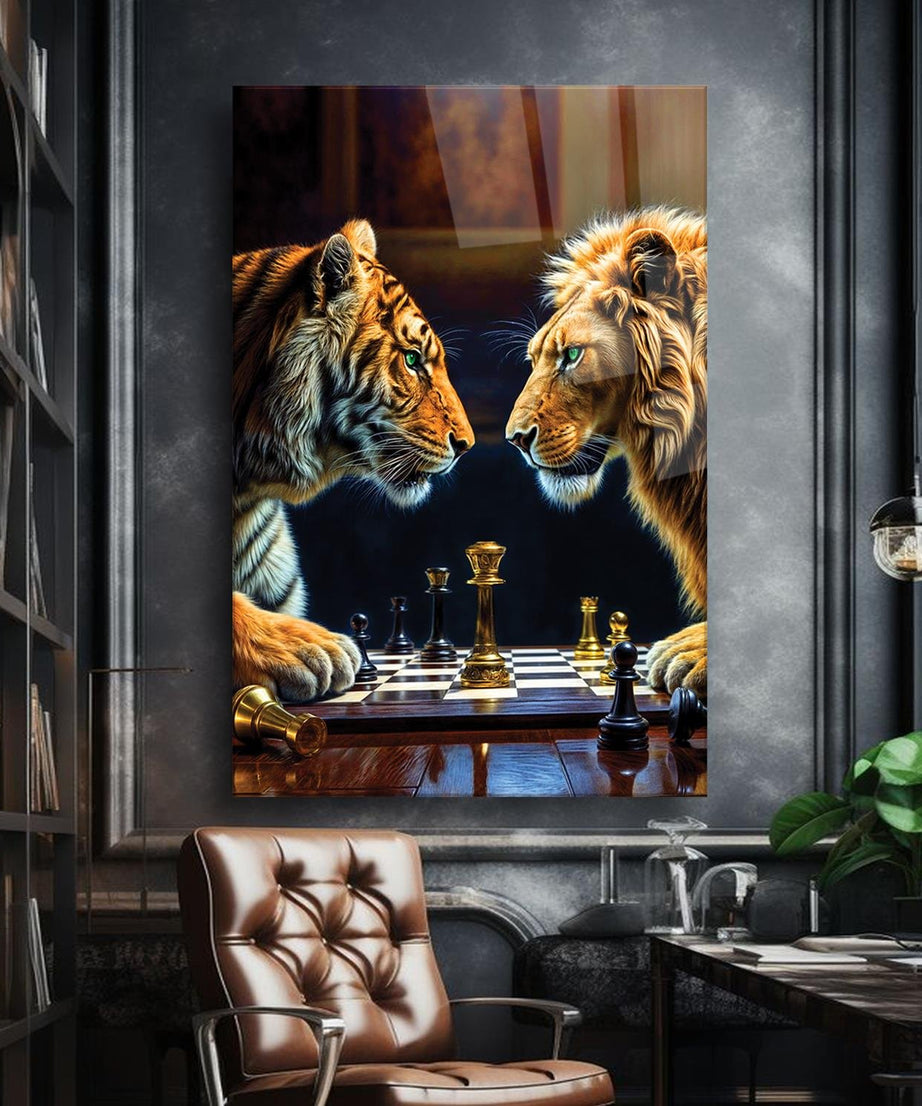 Aslan Ve Kaplan Karşılıklı Satranç Oynuyor Cam Tablo