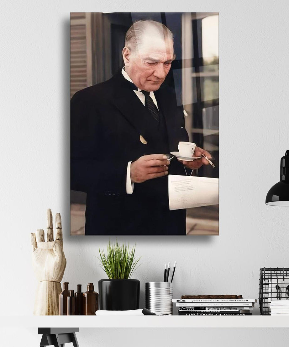 Atatürk Kahve İçerken Serisi Dayanıklı Cam Tablo