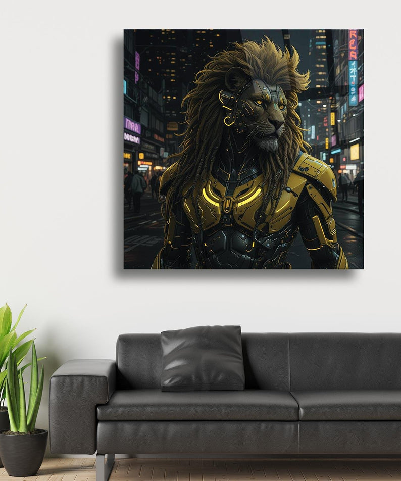Cyberpunk Aslan Portre Temalı Cam Tablo