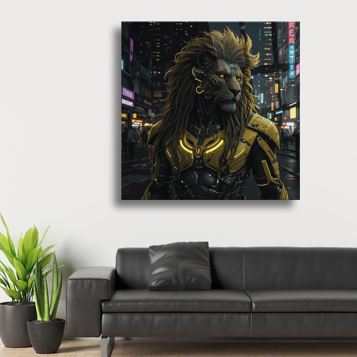 Cyberpunk Aslan Portre Temalı Cam Tablo