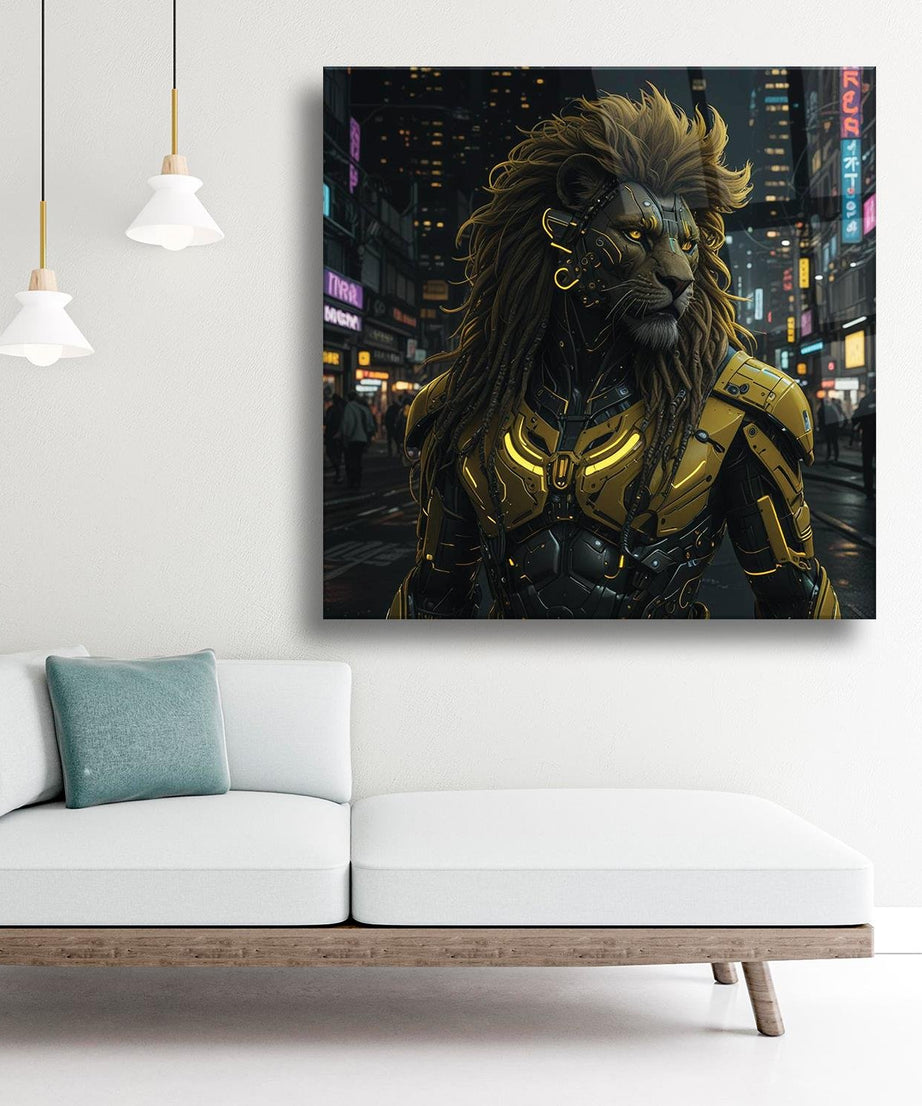 Cyberpunk Aslan Portre Temalı Cam Tablo