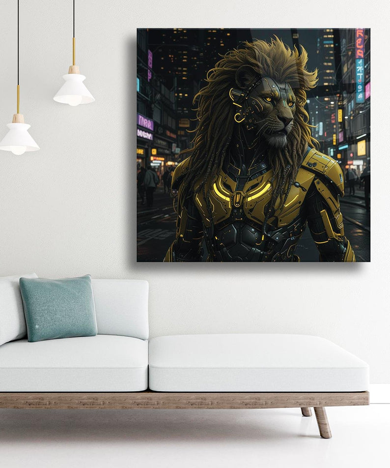 Cyberpunk Aslan Portre Temalı Cam Tablo