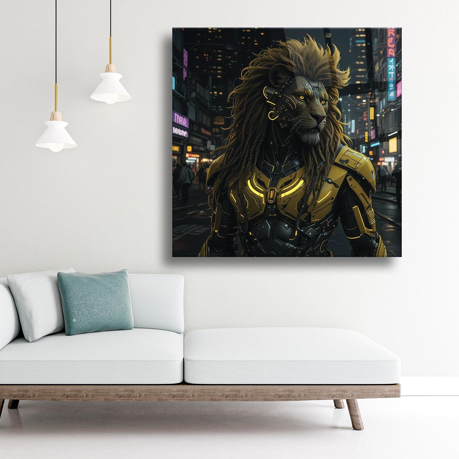 Cyberpunk Aslan Portre Temalı Cam Tablo
