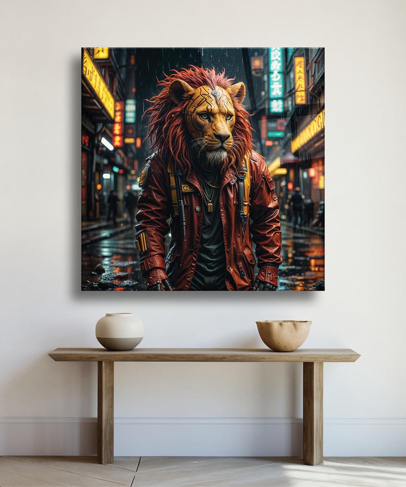 Cyberpunk Kostüm Portre Aslan Temalı Cam Tablo