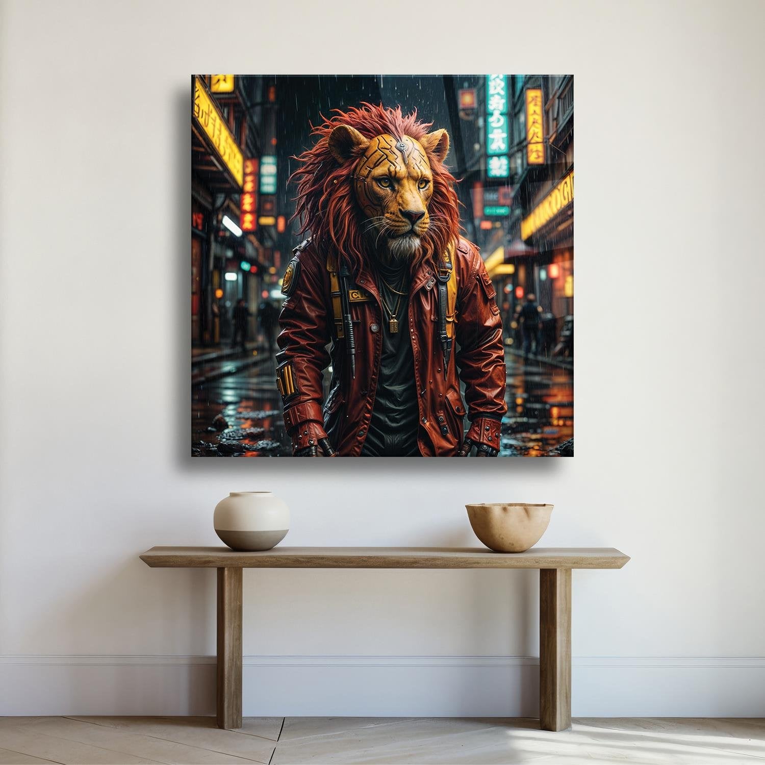 Cyberpunk Kostüm Portre Aslan Temalı Cam Tablo