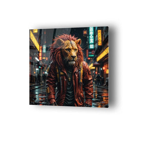 Cyberpunk Kostüm Portre Aslan Temalı Cam Tablo