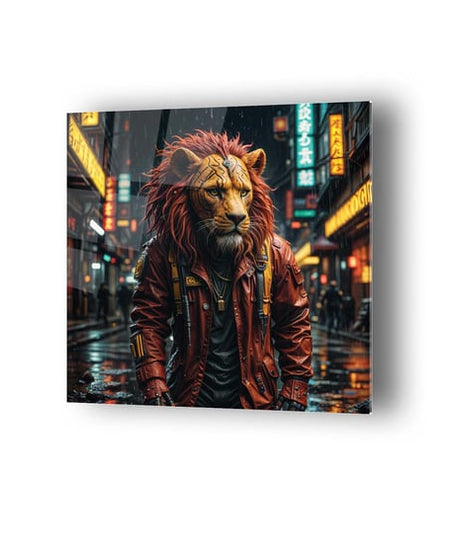 Cyberpunk Kostüm Portre Aslan Temalı Cam Tablo