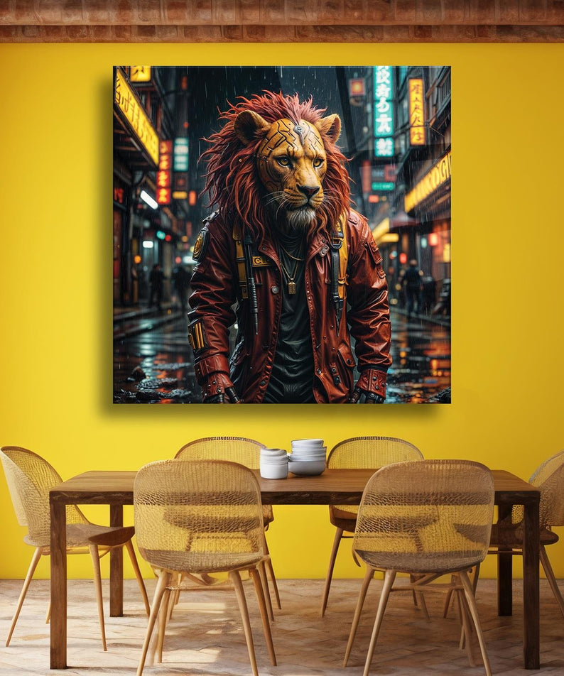 Cyberpunk Kostüm Portre Aslan Temalı Cam Tablo