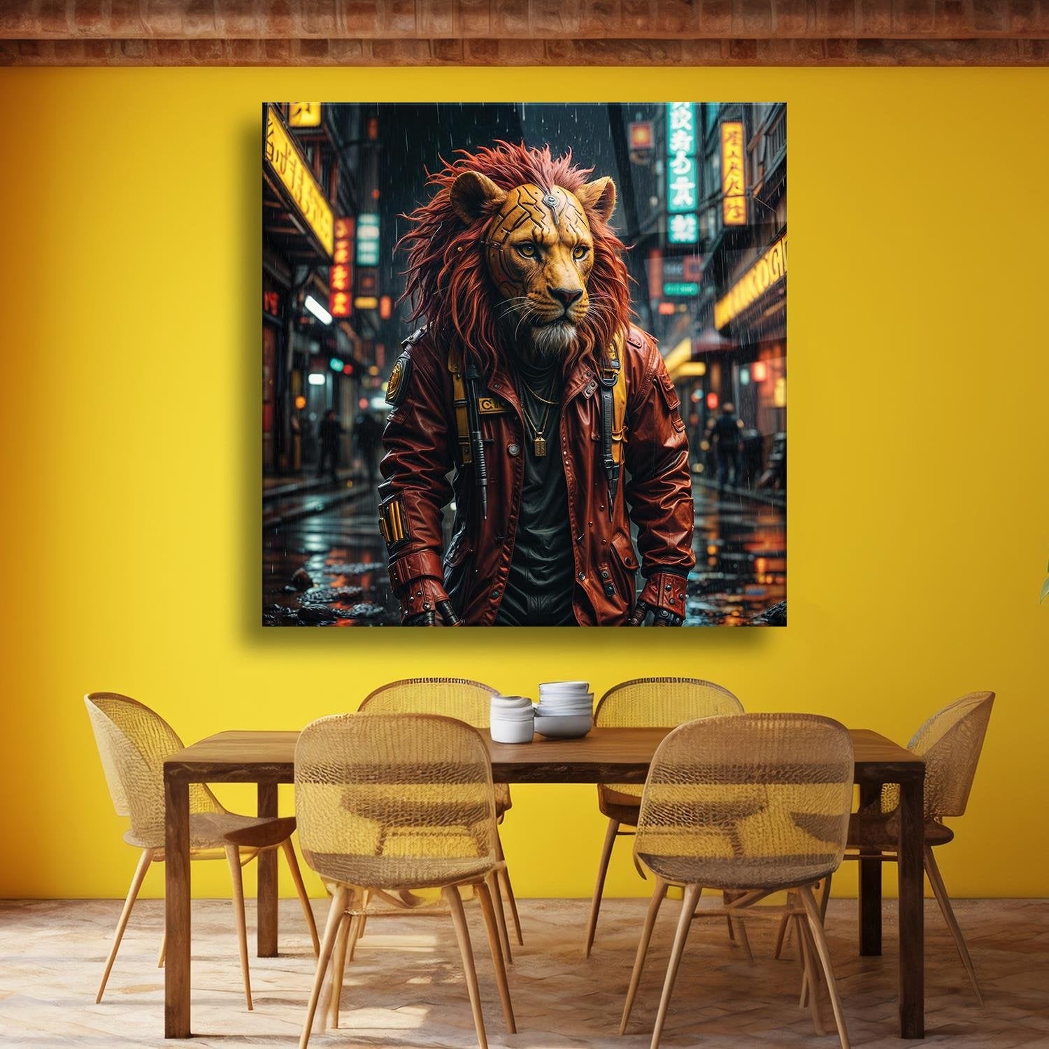 Cyberpunk Kostüm Portre Aslan Temalı Cam Tablo