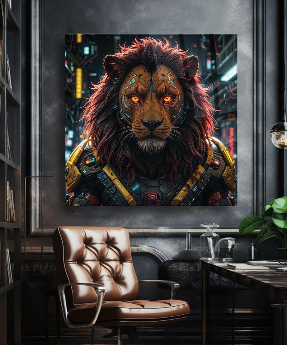 Cyberpunk Portre Aslan Temalı Cam Tablo