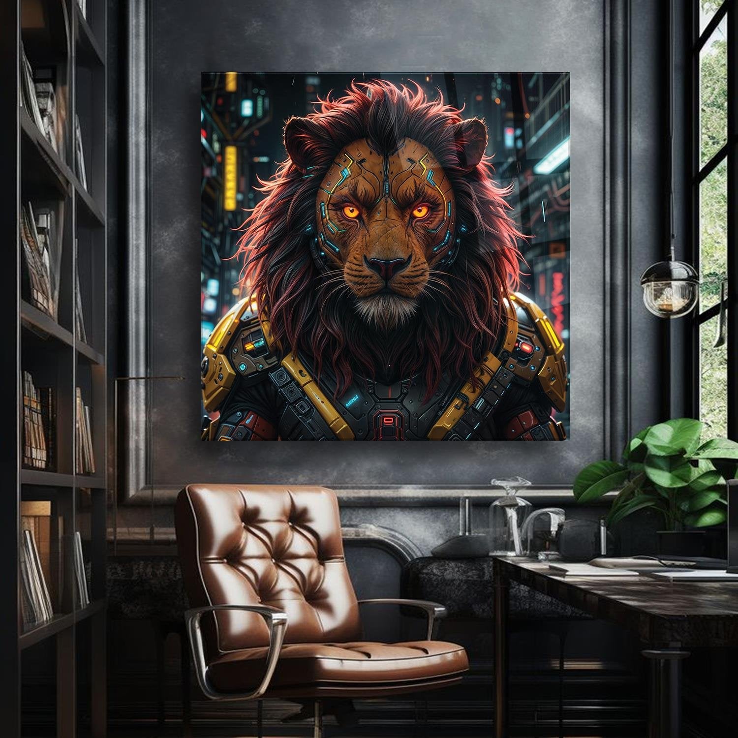Cyberpunk Portre Aslan Temalı Cam Tablo