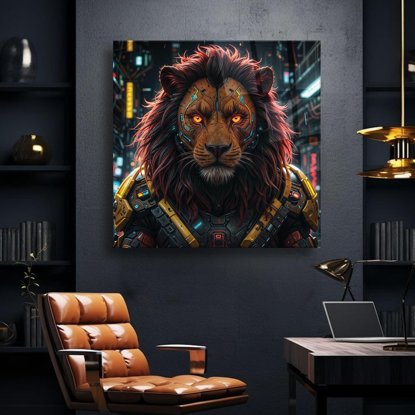Cyberpunk Portre Aslan Temalı Cam Tablo