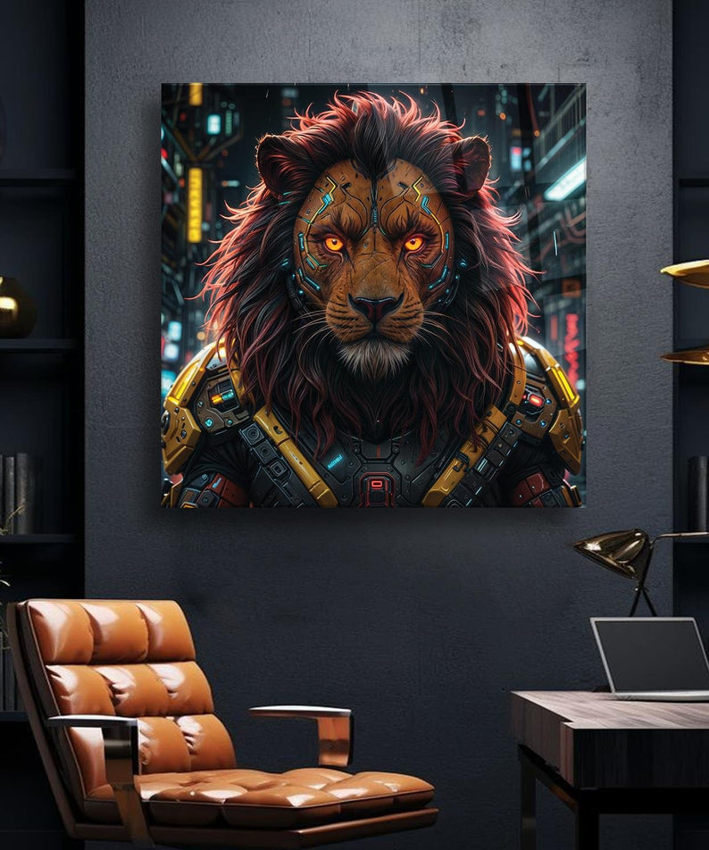 Cyberpunk Portre Aslan Temalı Cam Tablo