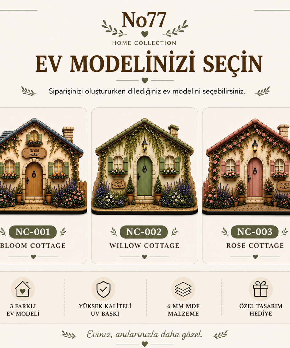 Kişiye Özel Ahşap Ev Anahtarlık Askılığı | NC-001 Bloom Cottage | Çiftlere Özel