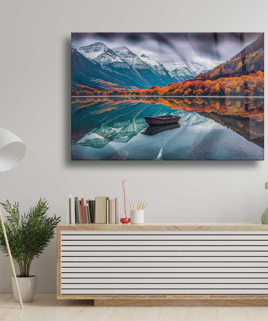 Göl Dağ Orman Temalı Cam Tablo