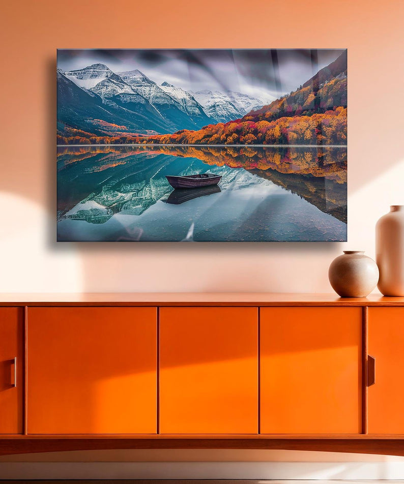 Göl Dağ Orman Temalı Cam Tablo