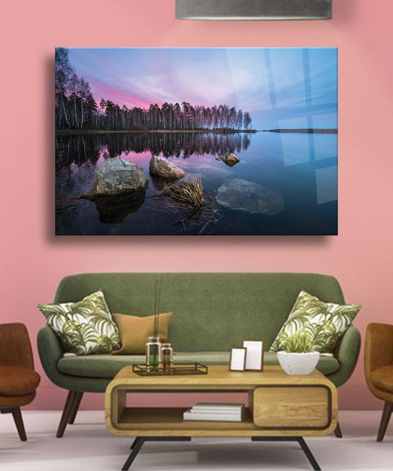 Göl Manzarası Temalı Cam Tablo