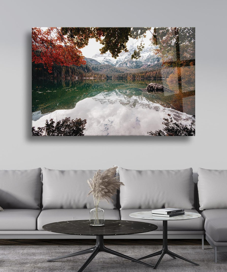 Göl Ve Sonbahar Temalı Cam Tablo