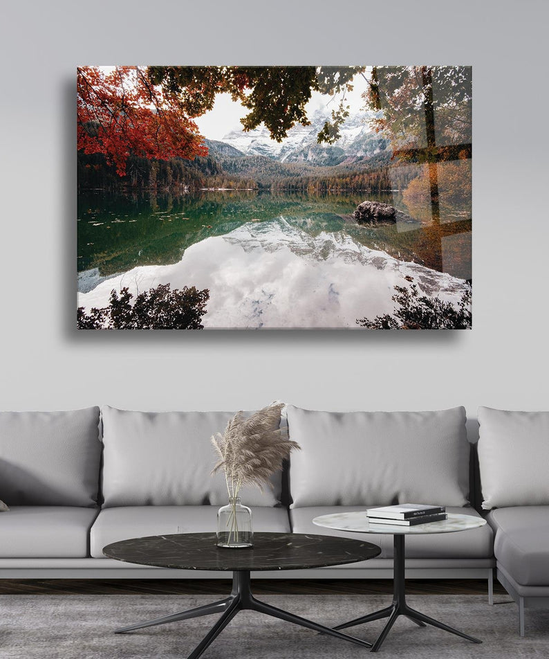 Göl Ve Sonbahar Temalı Cam Tablo