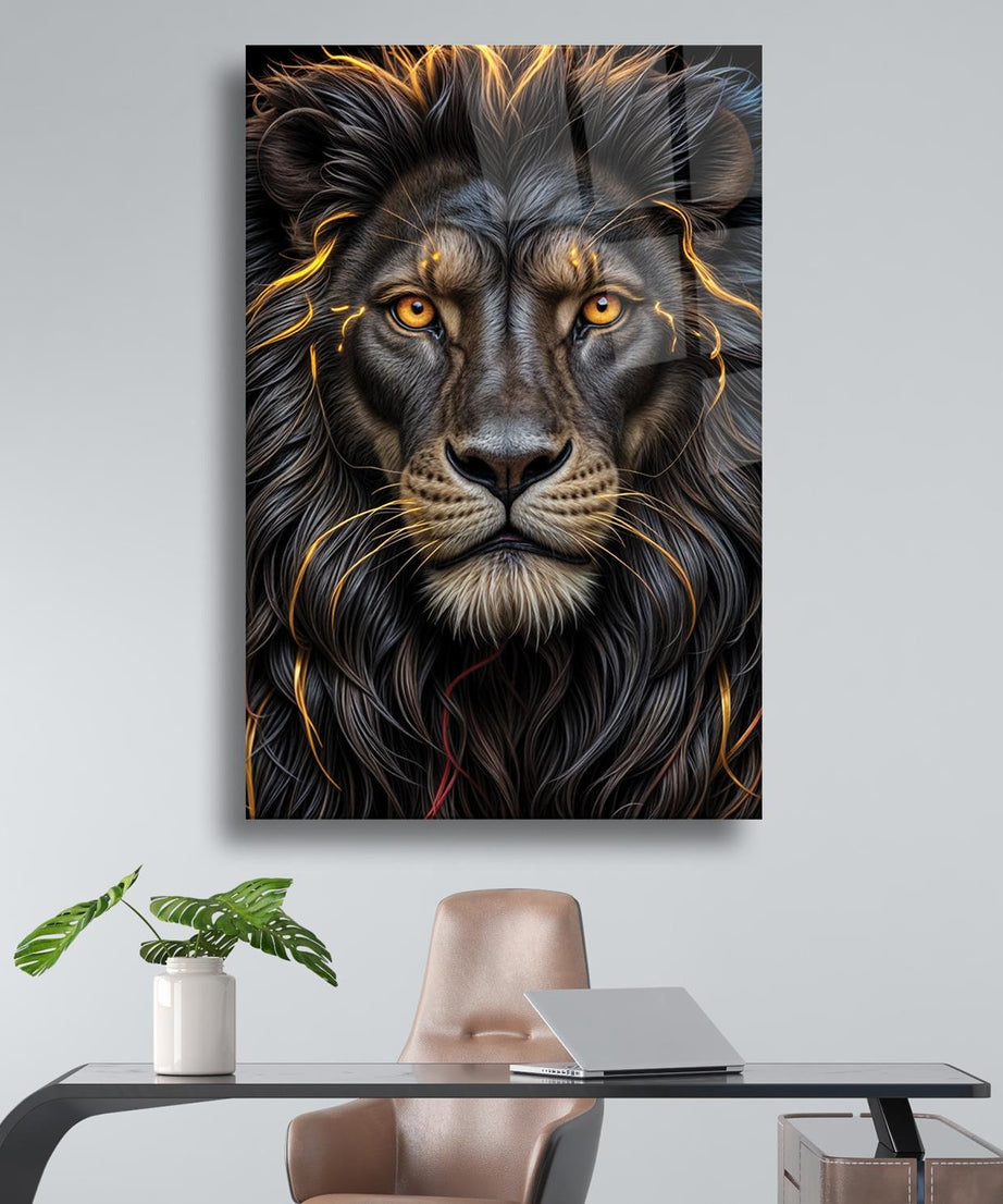 Gold Aslan Portre Temalı Cam Tablo