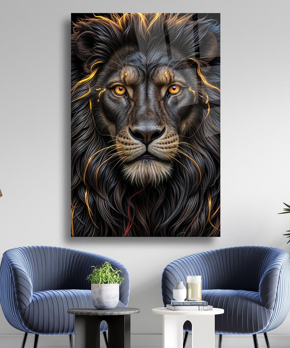 Gold Aslan Portre Temalı Cam Tablo