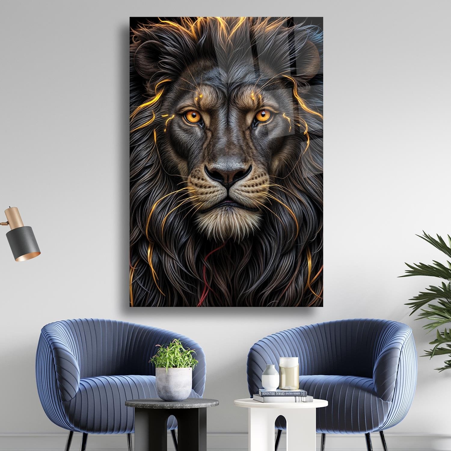 Gold Aslan Portre Temalı Cam Tablo