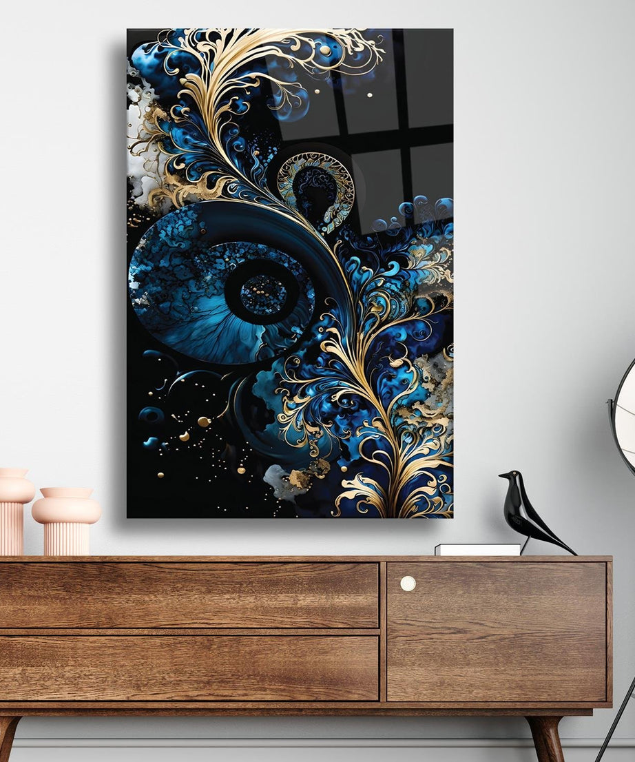 Gold Mavi Mürekkep Desenli Cam Tablo