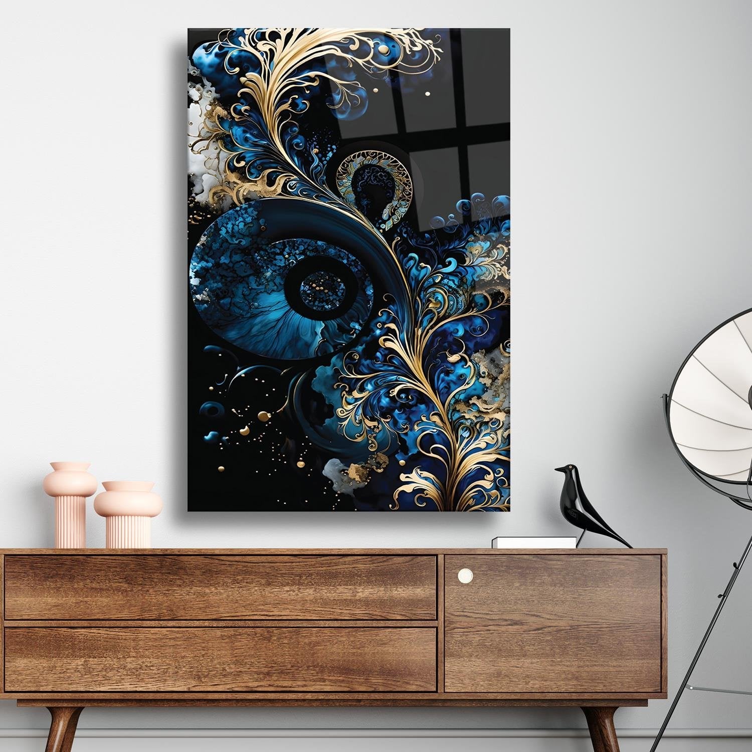 Gold Mavi Mürekkep Desenli Cam Tablo