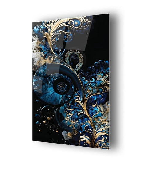 Gold Mavi Mürekkep Desenli Cam Tablo