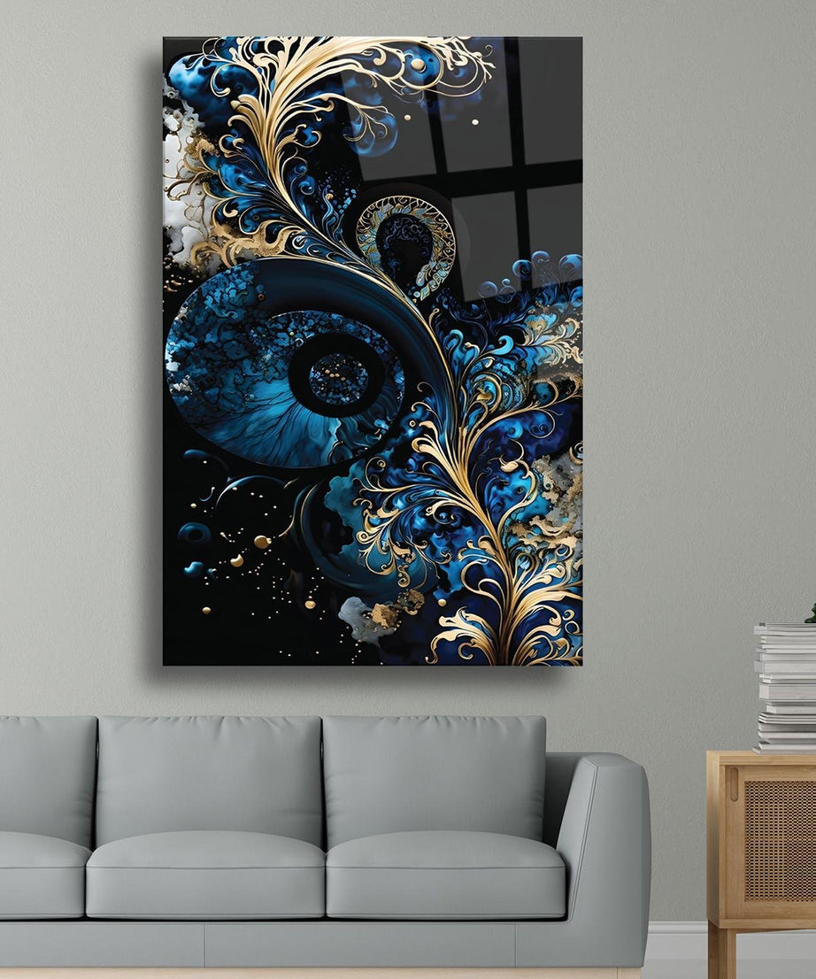 Gold Mavi Mürekkep Desenli Cam Tablo