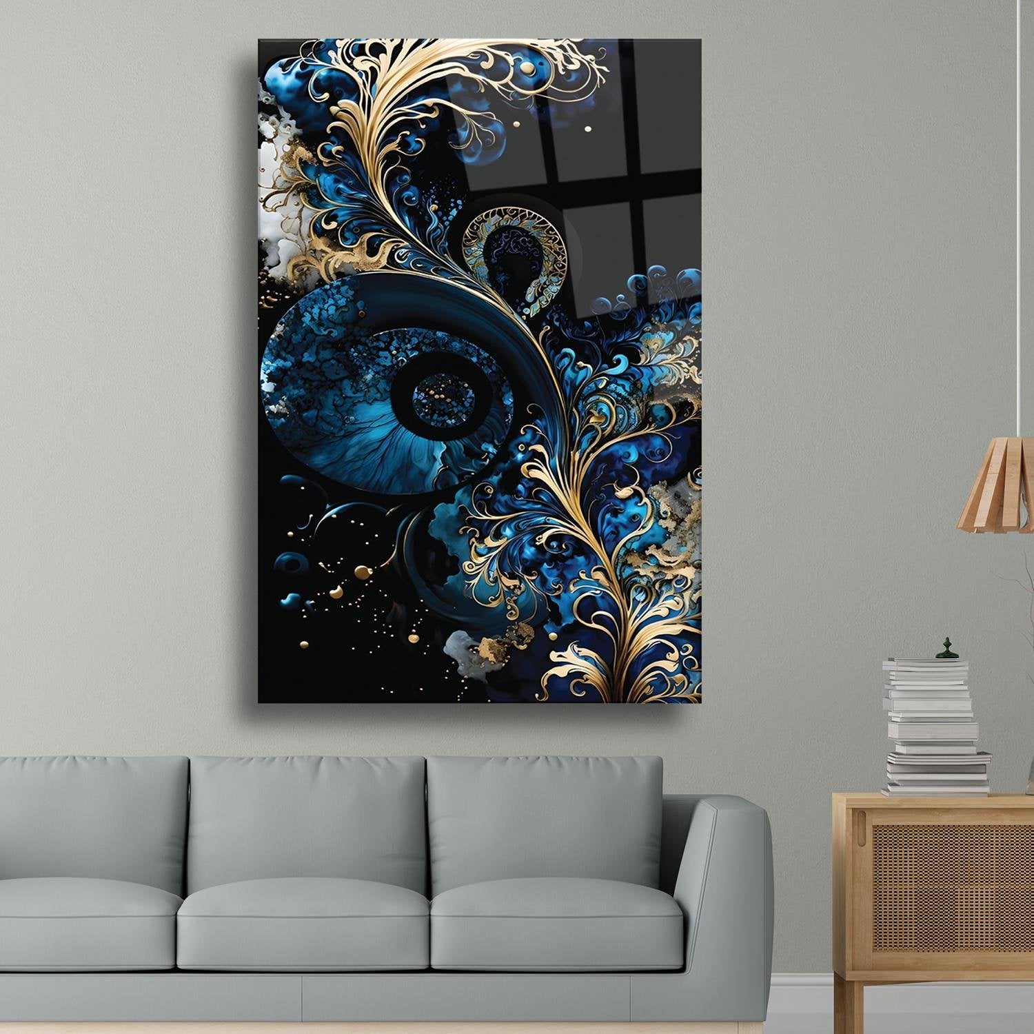 Gold Mavi Mürekkep Desenli Cam Tablo