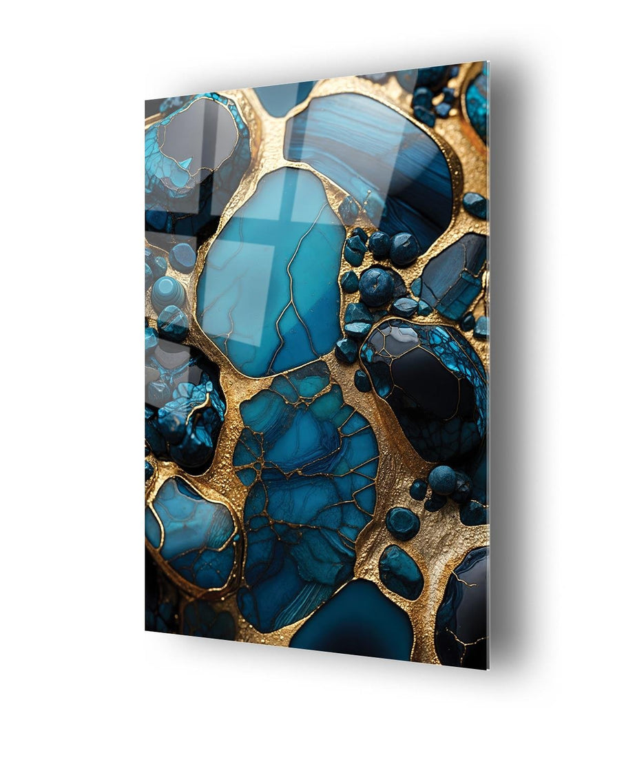 Gold Ve Mavinin Tonları Mürekkep Deseni Cam Tablo