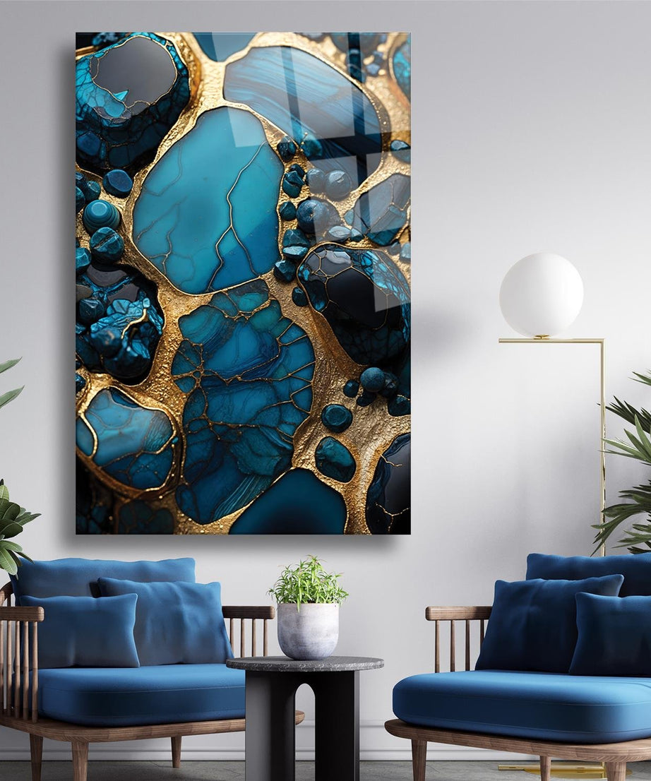 Gold Ve Mavinin Tonları Mürekkep Deseni Cam Tablo