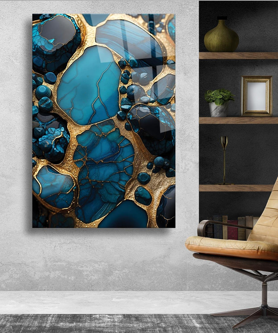 Gold Ve Mavinin Tonları Mürekkep Deseni Cam Tablo